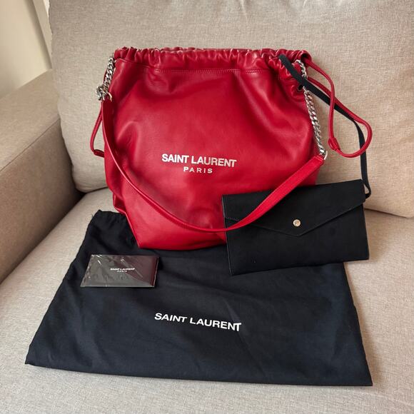Saint Laurent Teddy Red Leather Bucket Bag NEW Silver YSL Logo Shoulder Bag - Picture 1 of 9